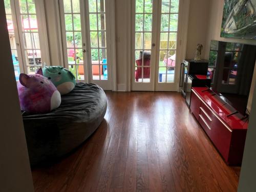 a teddy bear laying on a couch in a living room at Eclectically furnished home in the heart of NOLA in New Orleans