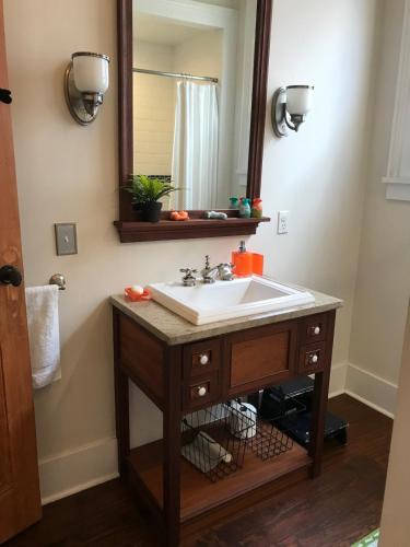 a bathroom with a sink and a mirror at Eclectically furnished home in the heart of NOLA in New Orleans