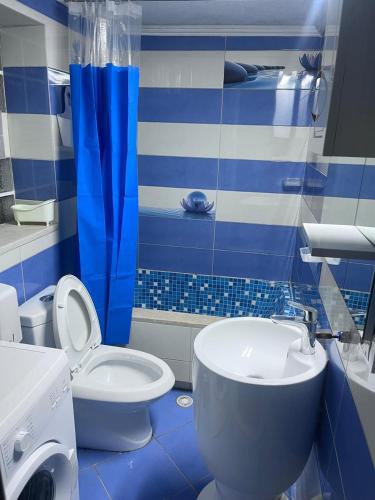 デルミにあるGuesthouse Seaview Dhermiの青と白のバスルーム(トイレ、シンク付)