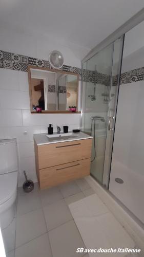 a bathroom with a toilet and a sink and a shower at Belle vue in Agde