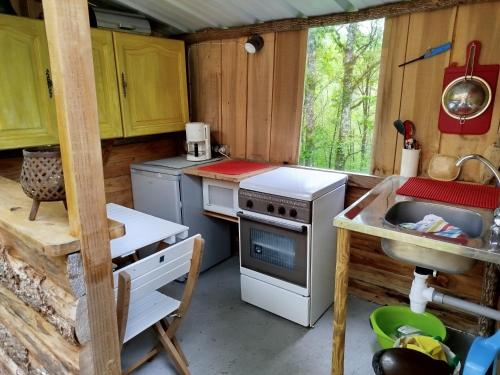 Il comprend une petite cuisine équipée d'une cuisinière et d'un évier. dans l'établissement Roulotte et Cabane Par Hasard, à Saint-Bressou