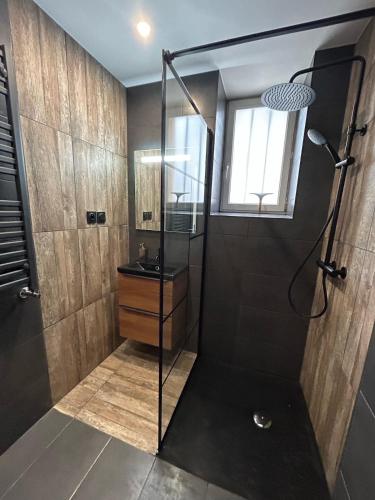 La salle de bains est pourvue d'une cabine de douche en verre. dans l'établissement L'univers automobile au coeur de Mulhouse, à Mulhouse