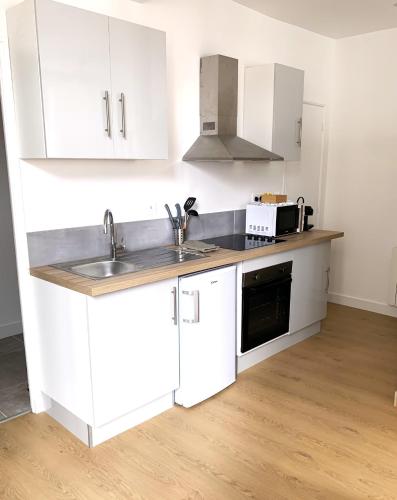 une cuisine blanche avec un évier et un micro-ondes dans l'établissement Les Bons Enfants 3, à Rouen