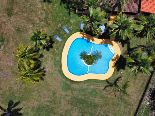 an aerial view of a swimming pool with palm trees at Villa Vitali - Casa vacacional con Piscina y Jardines en Morrocoy para 14 personas in Tucacas