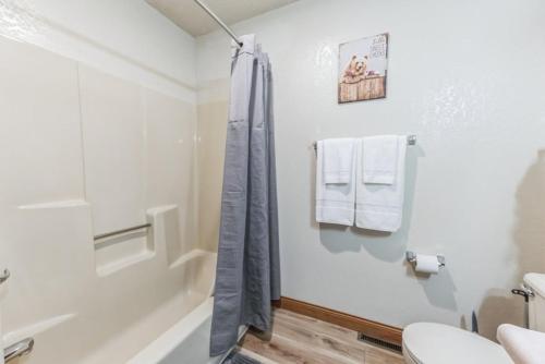 a bathroom with a shower and a toilet and towels at Boulder Junction Motor Lodge in Boulder Junction