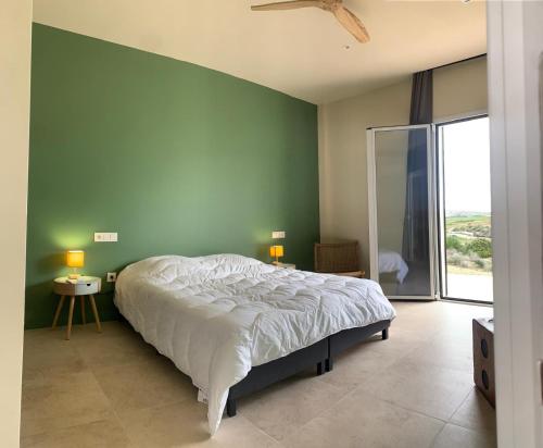 a bedroom with a large bed and a green wall at El Olivo Private Swimming Pool in Mojácar