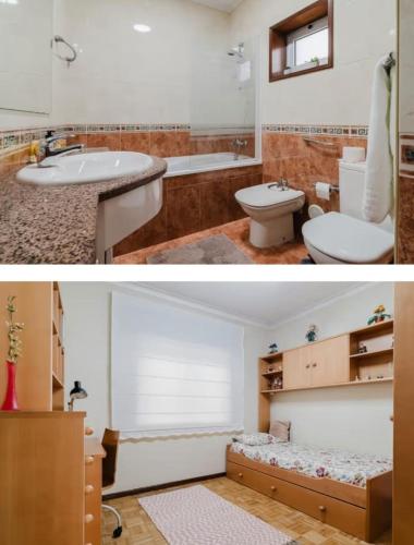 a bathroom with a tub and a toilet and a sink at Quartos para Férias - Apúlia in Apúlia