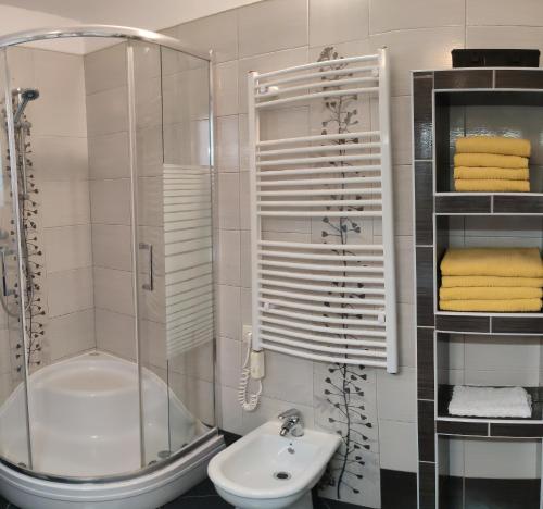 a bathroom with a shower and a toilet and a sink at Apartment Anita in Fažana