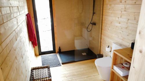 a small bathroom with a toilet and a shower at Recanto Terra Alta in São Roque do Pico