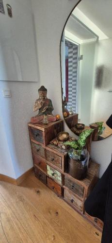 une chambre avec un miroir au-dessus d'une commode dans l'établissement Les Rives du Léman, à Publier