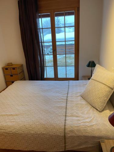 a bedroom with a large bed with a window at Charme assuré in Crans-Montana