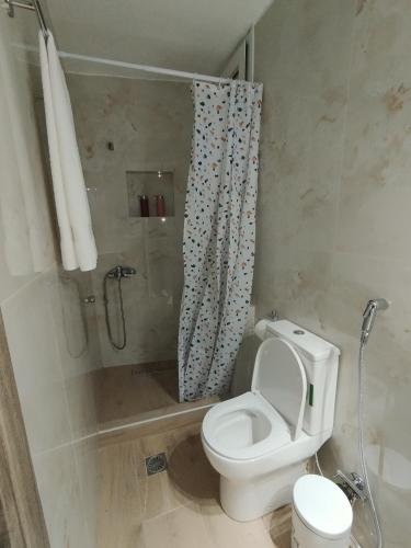 a bathroom with a toilet and a shower at Iliana's Cozy Home in Arta