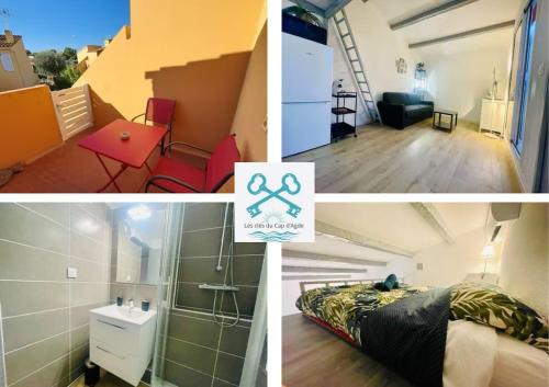 un collage de photos d'une chambre avec une salle à manger dans l'établissement 4 Soleil - Mezzanine Wifi Clim Plage Parking, au Cap d'Agde