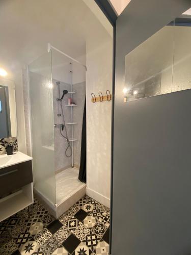 une salle de bain avec une douche avec une porte vitrée dans l'établissement Sainte Marie appartement 4 Pers à quelques pas de la plage, à Sainte-Marie-la-Mer
