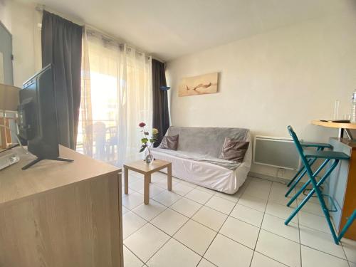 un salon avec un canapé et une télévision dans l'établissement Sainte Marie appartement 4 Pers à quelques pas de la plage, à Sainte-Marie-la-Mer