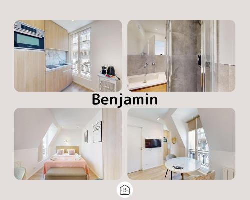 un collage de deux photos d'une cuisine et d'une salle de bains dans l'établissement 162 Suite Benjamin - Superbe Appartement à Paris, à Paris
