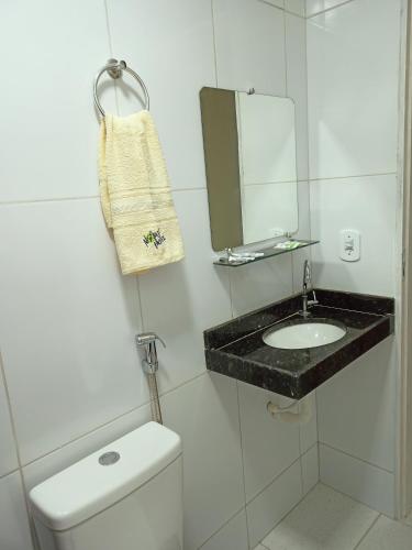 a bathroom with a sink and a toilet and a mirror at NORTE HOTEL Guaraciaba in Guaraciaba do Norte