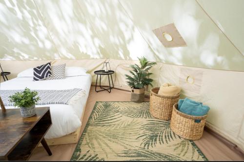 a room with a bed and two plants in a tent at Grotto Getaway in Miller Lake