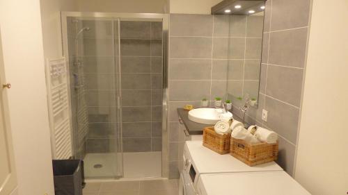 a bathroom with a sink and a shower and a toilet at Ty Kerihuel, Appartement de standing sur le port in Étel