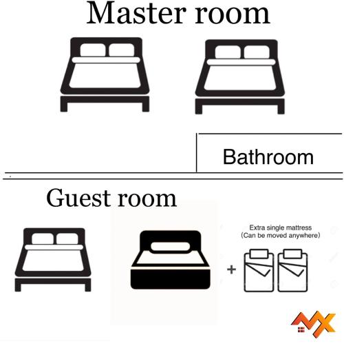 two black icons of beds and a guest room at KSL City Mall 6-20pax Private Lift-Netflix-SmartTV 70inch in Johor Bahru