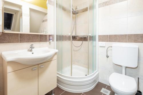 a bathroom with a shower and a toilet and a sink at Vila Sofia in Tržič