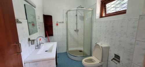 a bathroom with a shower and a toilet and a sink at Beyond Nomad Luxury Hostel in Ella