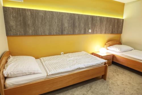 two beds in a small room with yellow walls at Vila Sofia in Tržič