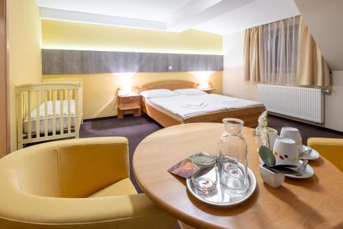 a hotel room with a bed and a table and chairs at Vila Sofia in Tržič