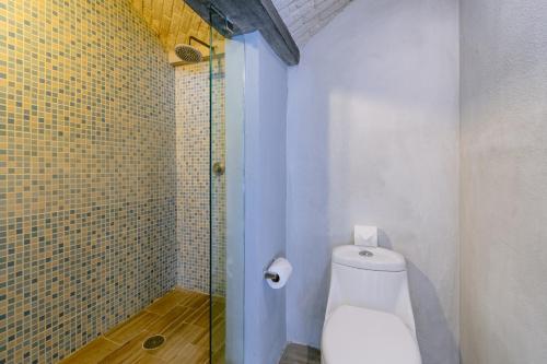 a bathroom with a toilet and a glass shower at Casa Xaca in San Miguel de Allende