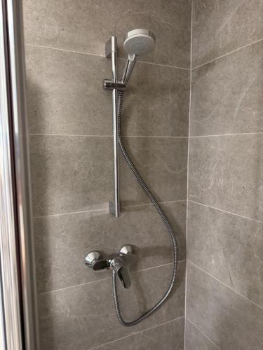 une douche avec pommeau de douche dans une salle de bain dans l'établissement Grand T2 rénové Cœur de St-Priest Avec Parking, à Saint-Priest