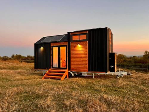 a black tiny house sitting in a field at Quinta de São Pedro in Sobreda