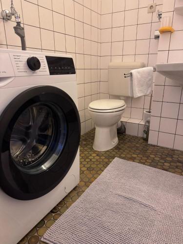 a washing machine in a bathroom with a toilet at Monteurwohnung Osnabrück 3-Zimmer mit Balkon in Osnabrück
