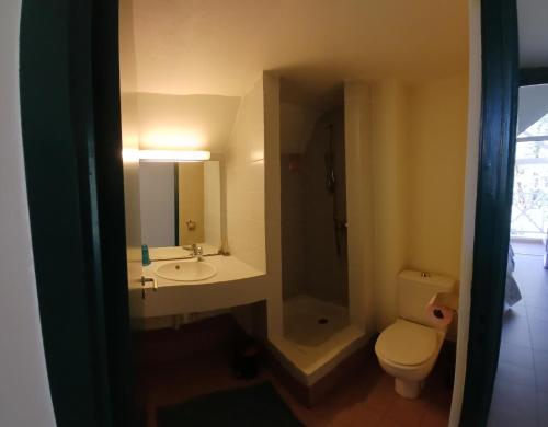 a bathroom with a toilet and a sink at Spacieux appartement avec terrasse et piscine au Diamant in Le Diamant