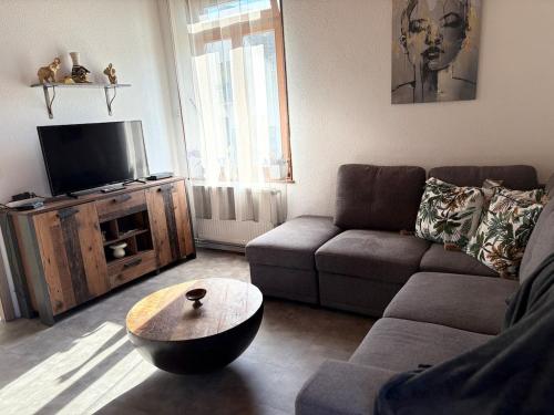 a living room with a couch and a coffee table at Horse House Calm and Nature near motorway and Basel in Kembs