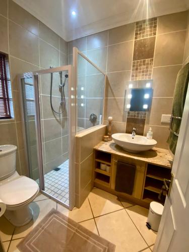 a bathroom with a shower and a toilet and a sink at Karoo Escape 2 in Oudtshoorn