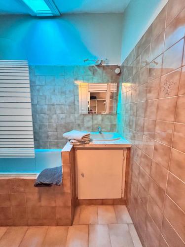 une salle de bain avec un lavabo et un miroir dans l'établissement Studio Tournesol au pied des Arènes, à Arles