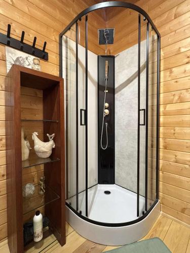 une douche avec une cabine en verre dans une salle de bain dans l'établissement Ô Village, à Giromagny