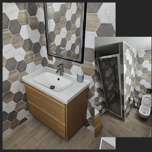 une salle de bain avec un lavabo, un miroir et une douche dans l'établissement Studio nature, à La Londe-les-Maures