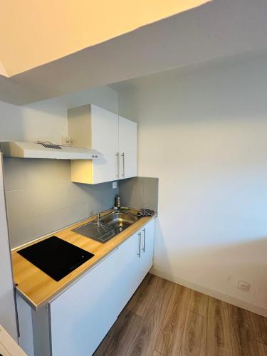 une cuisine avec des armoires blanches et un évier dans l'établissement Le studio du moulin, à Charleville-Mézières