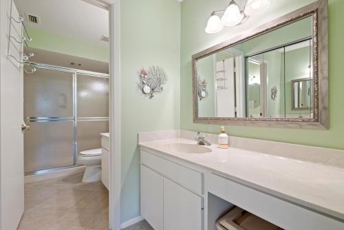 Un baño con lavabo, espejo e inodoro. en Charming 2 BR condo in The Meadows community, en Sarasota