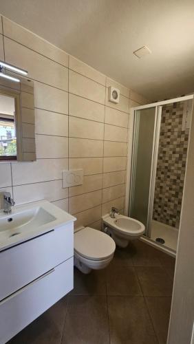 a bathroom with a toilet and a sink and a shower at Casa Mauro II in Trarego Viggiona