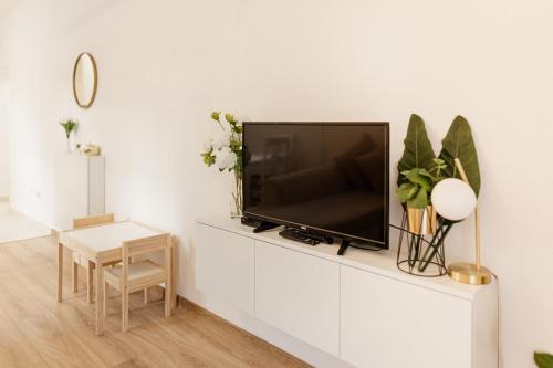 a living room with a tv on a white wall at Andrea Lux in Kotor