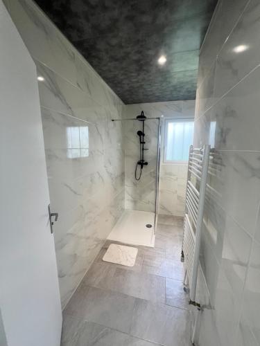 une salle de bain avec douche carrelée de blanc dans l'établissement Gîte des Passants, à Tourville-sur-Arques