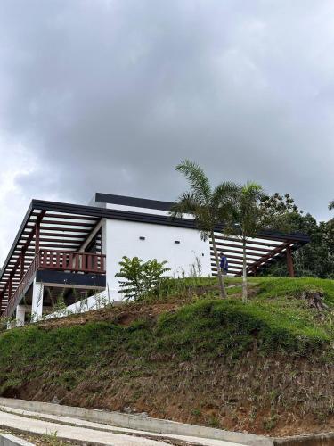 a building on a hill with palm trees in front of it at Casa de la Cascada in Pedro Vicente Maldonado