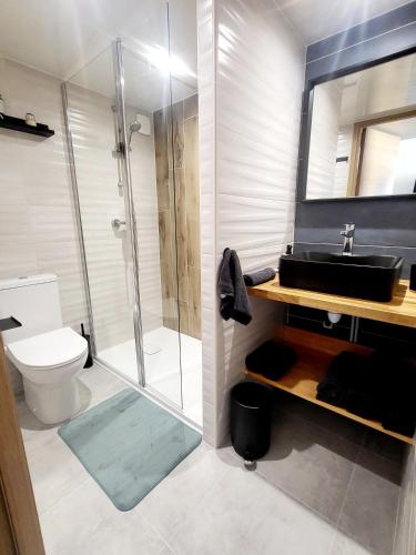 une salle de bain avec une douche en verre et un lavabo dans l'établissement Maison 4 couchages, à Saint-Léger-sous-Brienne
