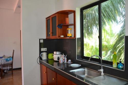 encimera de cocina con fregadero y ventana en White House Apartment at Hume's Road en Galle