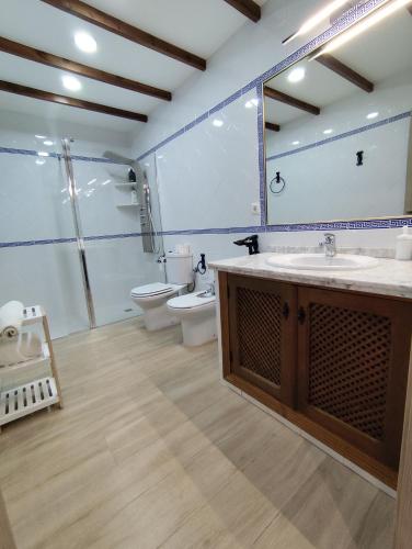 a bathroom with a sink and a toilet and a mirror at Casa Abuela Encarna in Hornachuelos