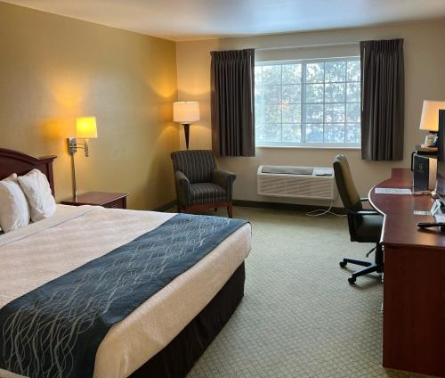 a hotel room with a bed and a desk and chair at GrandStay Hotel & Suites Becker in Becker