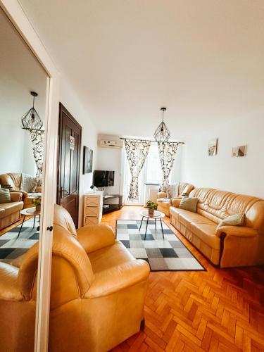 una sala de estar con sofás de cuero marrón y una mesa. en Noah Downtown, en Timisoara