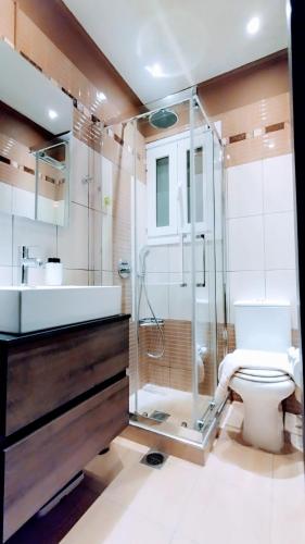 a bathroom with a glass shower and a toilet at ROSE house in Nydri